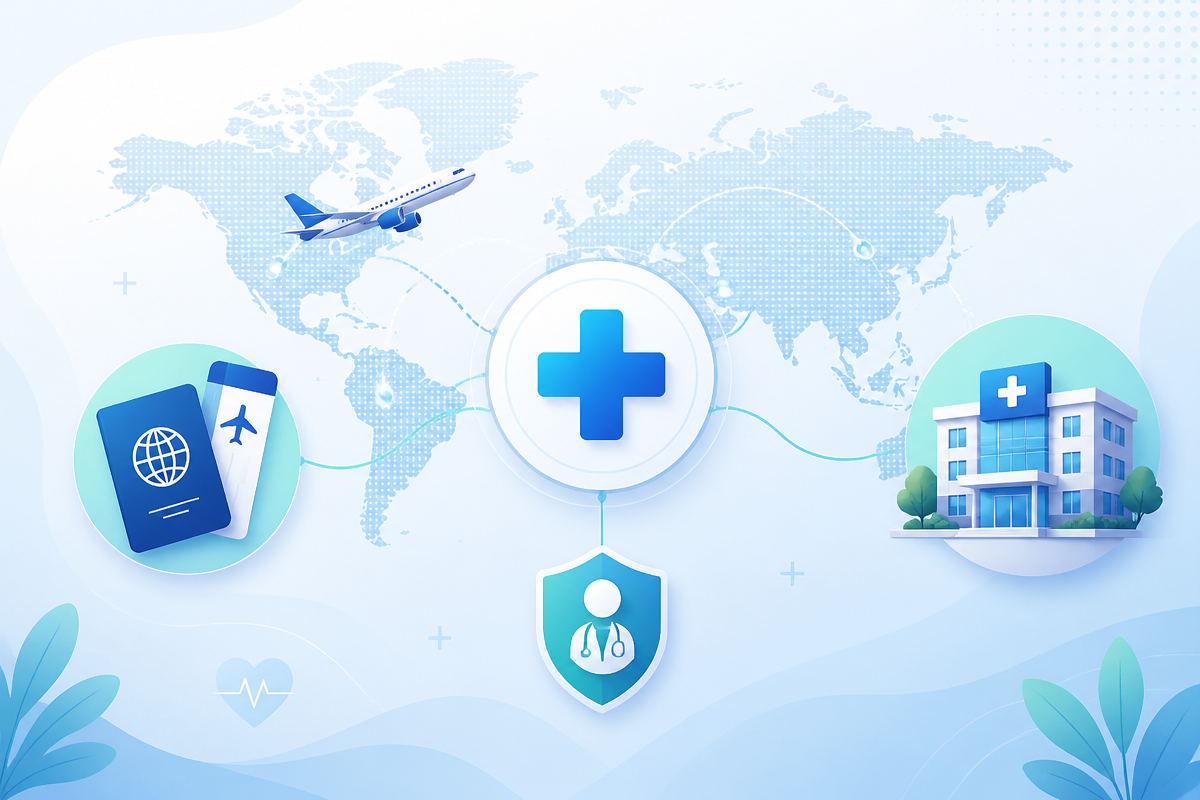 Medical travel agency platform illustration showing world map, medical cross, passport, and hospital connected by care pathways