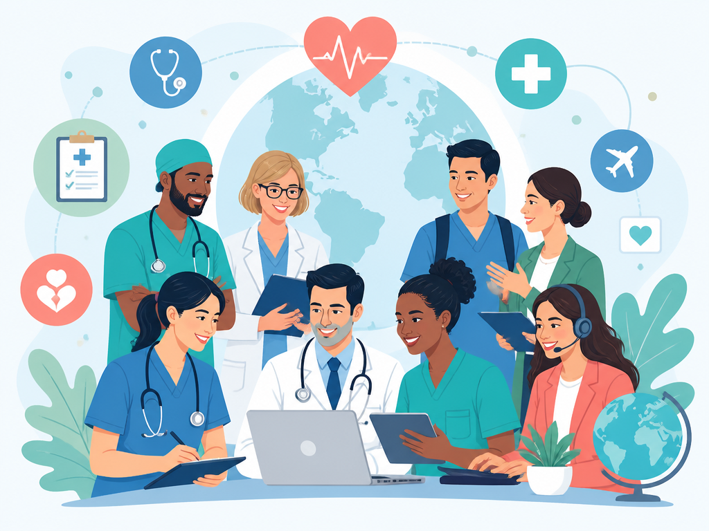 Medical travel team collaborating with doctors, nurses, and coordinators around the world